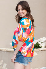 Printed Square Neck Half Sleeve Top - Flyclothing LLC