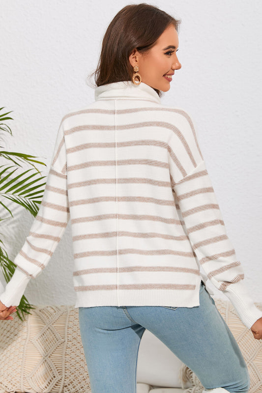 Cowl Neck Drastring Dropped Shoudler Striped Print Blouse - Flyclothing LLC