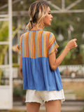 Striped Tie Neck Short Sleeve Blouse - Flyclothing LLC