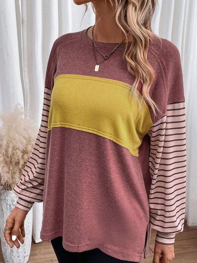 Round Neck Striped Long Sleeve Slit T-Shirt - Flyclothing LLC