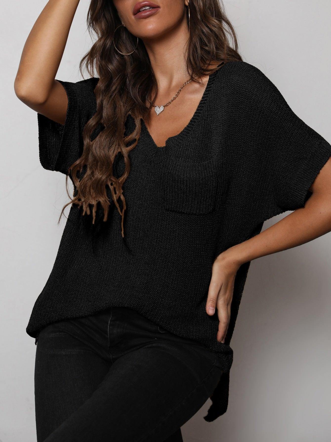 V-Neck Slit High-Low Knit Top - Flyclothing LLC