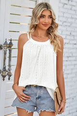 Openwork Round Neck Wide Strap Tank - Flyclothing LLC