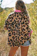 Leopard Contrast Teddy Shacket with Pockets - Flyclothing LLC