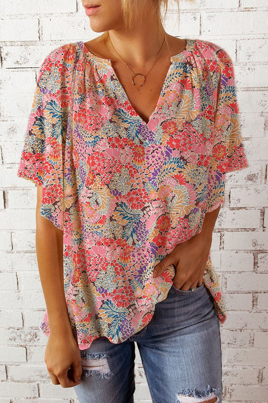 Floral Notched Neck Flutter Sleeve Blouse - Flyclothing LLC