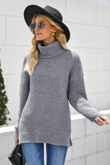 Horizontal Ribbing Turtleneck Sweater - Trendsi