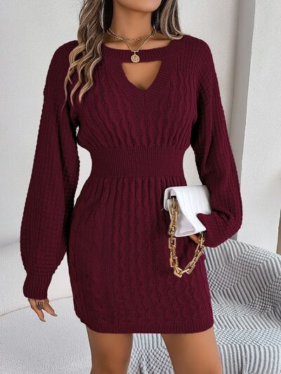 Cable-Knit Cutout Round Neck Slit Sweater - Flyclothing LLC