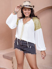 Plus Size Sequin Tie Neck Dropped Shoulder Blouse - Flyclothing LLC