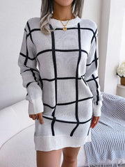 Plaid Round Neck Dropped Shoulder Sweater Dress - Flyclothing LLC