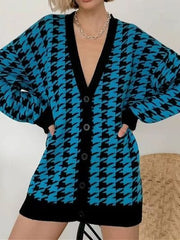 Houndstooth Button Up Long Sleeve Cardigan - Trendsi