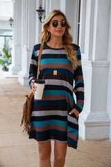 Striped Round Neck Long Sleeve Dress - Flyclothing LLC