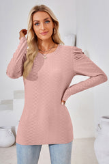 Round Neck Puff Sleeve Blouse - Flyclothing LLC