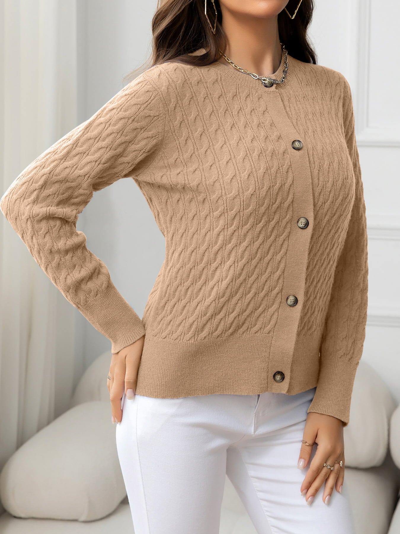 Round Neck Cable-Knit Buttoned Knit Top - Trendsi