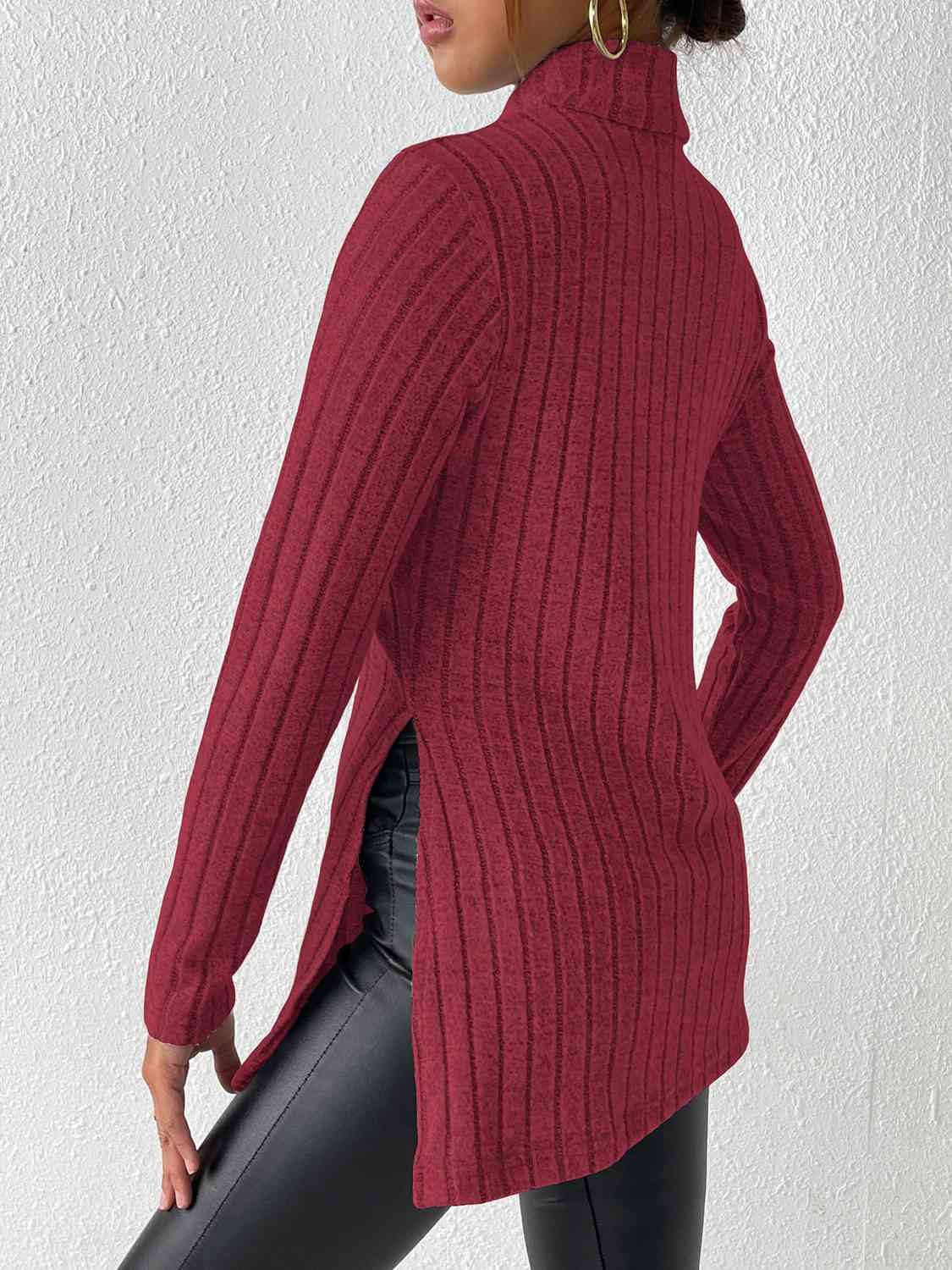 Ribbed Turtleneck Long Sleeve Slit T-Shirt - Flyclothing LLC