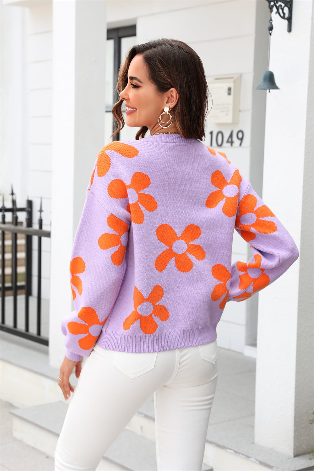 Floral Print Round Neck Dropped Shoulder Pullover Sweater - Flyclothing LLC