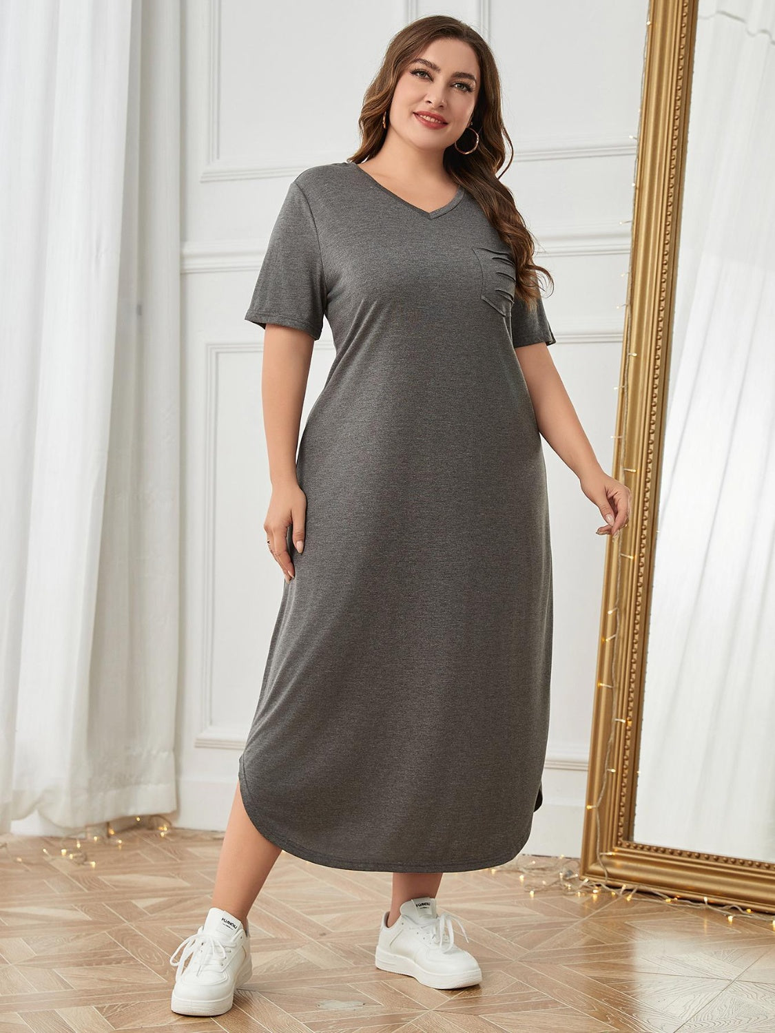 Plus Size Pocketed V-Neck Short Sleeve Lounge Dress - Flyclothing LLC