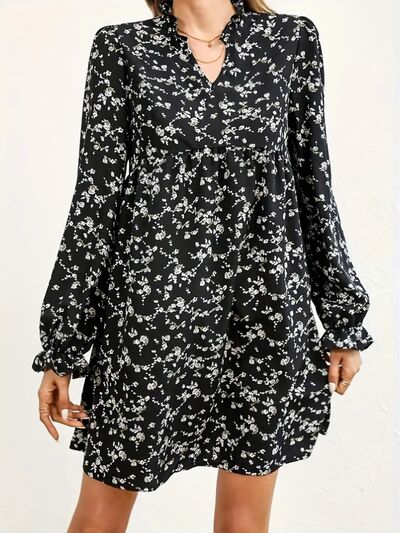 Ditsy Floral Notched Flounce Sleeve Dress - Flyclothing LLC