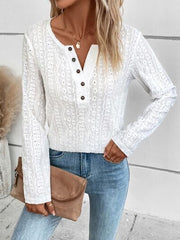 Openwork Half Button Long Sleeve Blouse - Flyclothing LLC