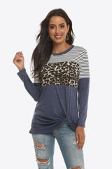 Mixed Print Gathered Detail Long Sleeve Top - Flyclothing LLC