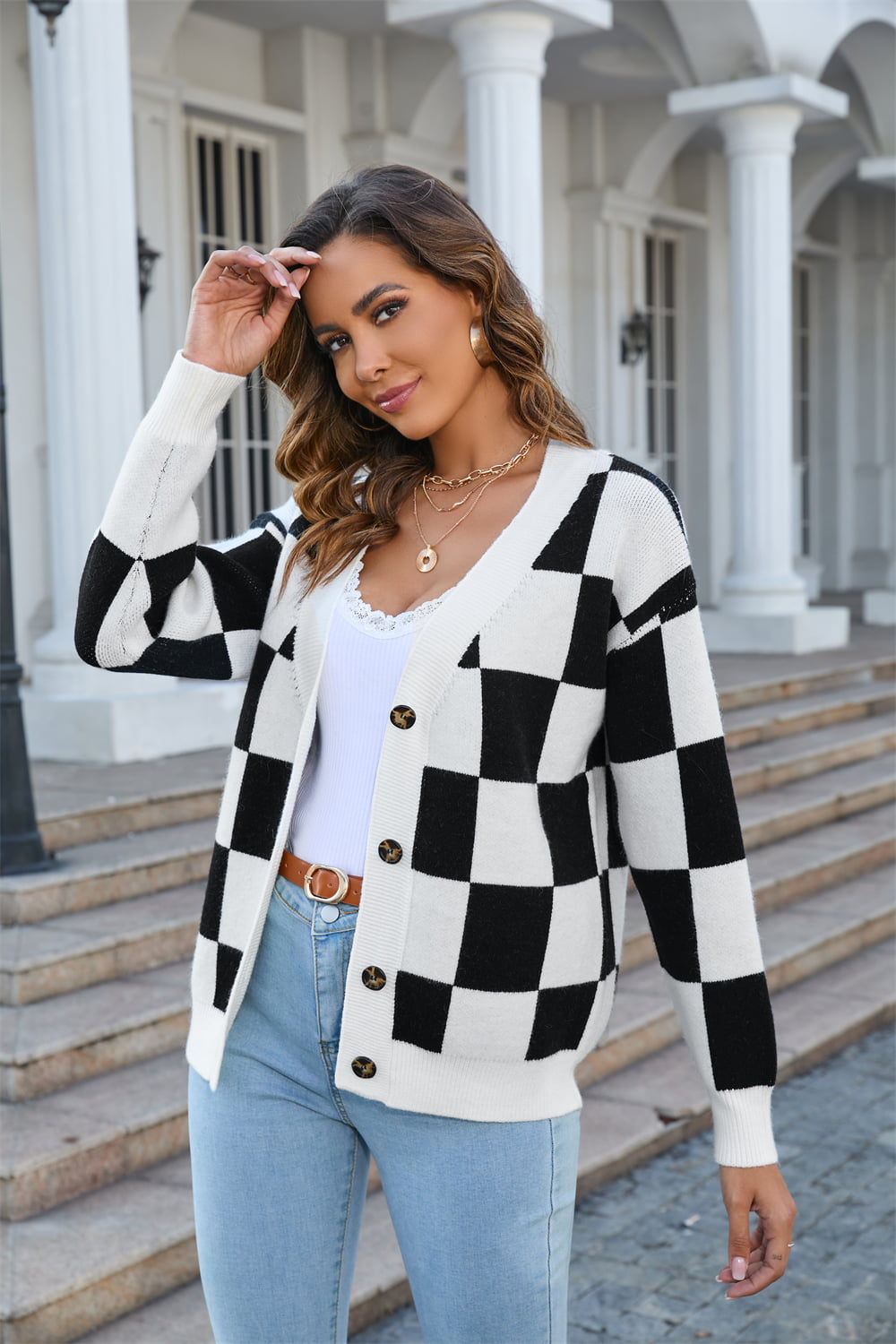 Button-Up Plaid V-Neck Dropped Shoulder Cardigan - Flyclothing LLC