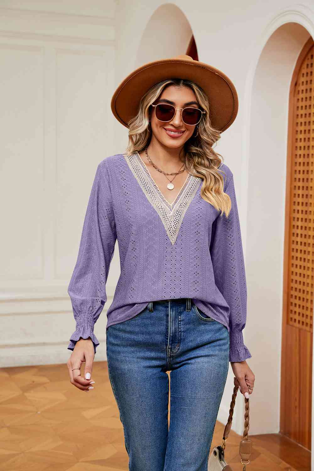 Contrast Flounce Sleeve Blouse - Flyclothing LLC