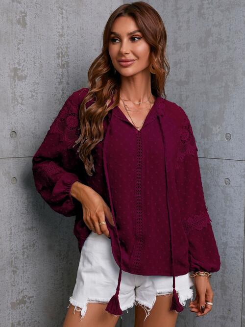 Crochet Tassel Tie Neck Long Sleeve Blouse - Flyclothing LLC