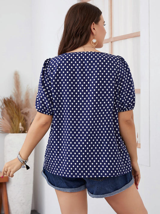 Plus Size Polka Dot Square Neck Blouse - Flyclothing LLC