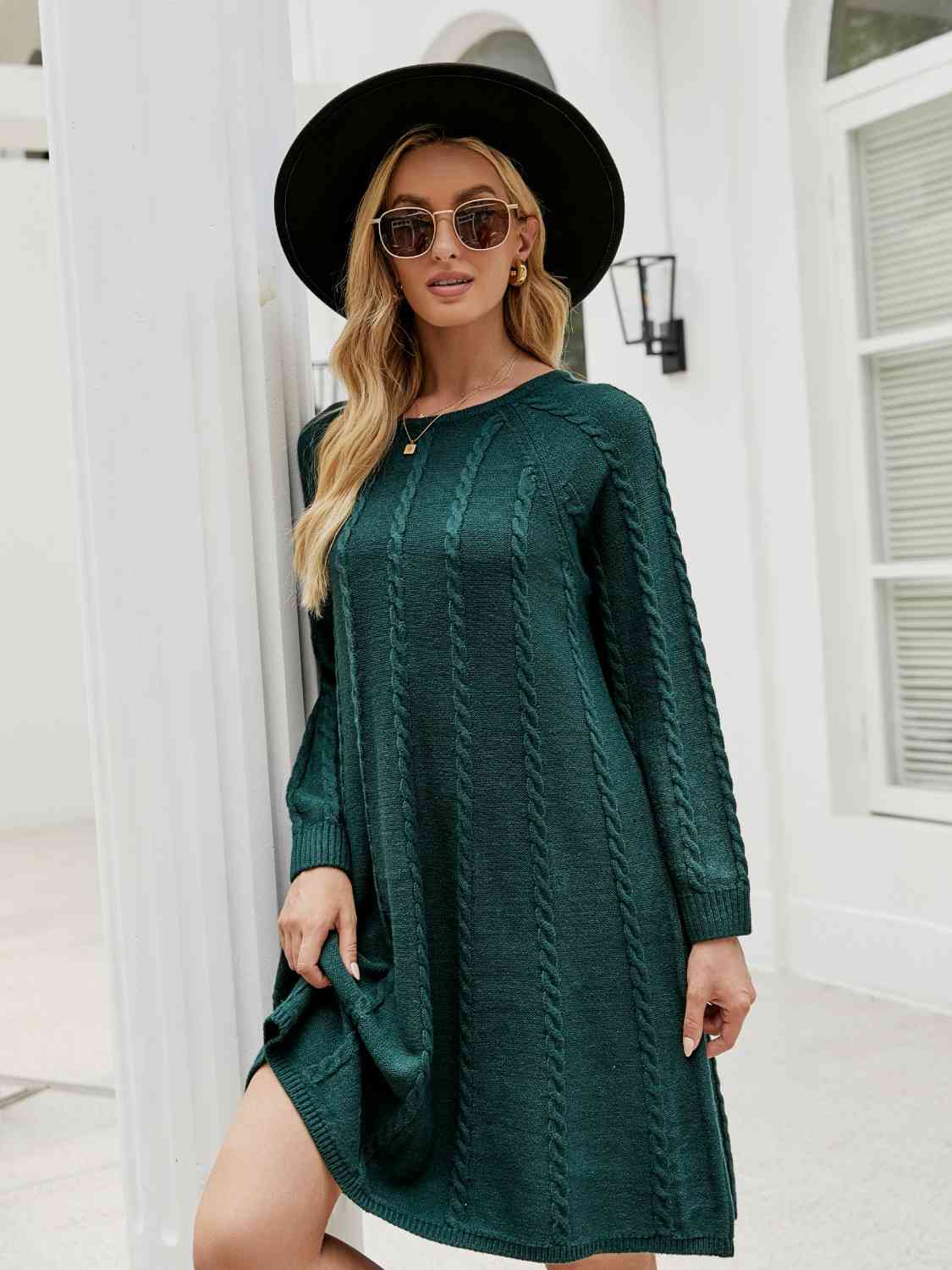 Cable-Knit Long Sleeve Sweater Dress - Flyclothing LLC