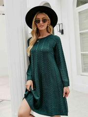 Cable-Knit Long Sleeve Sweater Dress - Flyclothing LLC