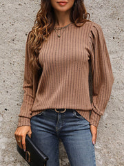 Ribbed Round Neck Long Sleeve T-Shirt - Flyclothing LLC