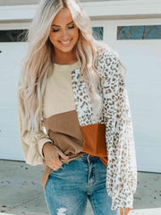 Color Block Leopard Round Neck Sweatshirt - Trendsi