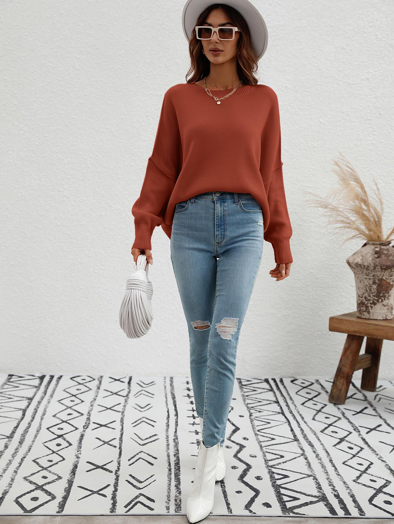 Exposed Seam Dropped Shoulder Slit Sweater - Trendsi