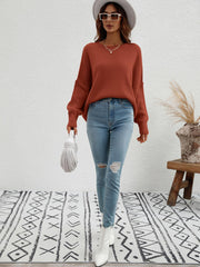 Exposed Seam Dropped Shoulder Slit Sweater - Trendsi