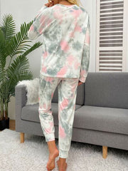 Tie-Dye Round Neck Top and Drawstring Pants Lounge Set - Flyclothing LLC