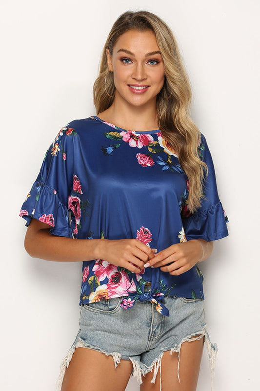 Floral Tie Hem Flounce Sleeve Top - Flyclothing LLC