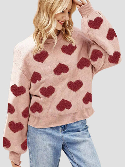 Heart Round Neck Dropped Shoulder Sweater - Flyclothing LLC