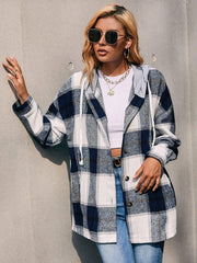 Plaid Dropped Shoulder Hooded Jacket - Trendsi