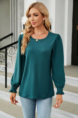 Round Neck Smocked Flounce Sleeve Blouse - Flyclothing LLC