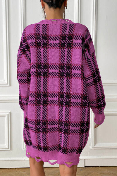 Plaid V-Neck Long Sleeve Sweater Dress - Flyclothing LLC