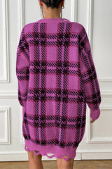 Plaid V-Neck Long Sleeve Sweater Dress - Flyclothing LLC