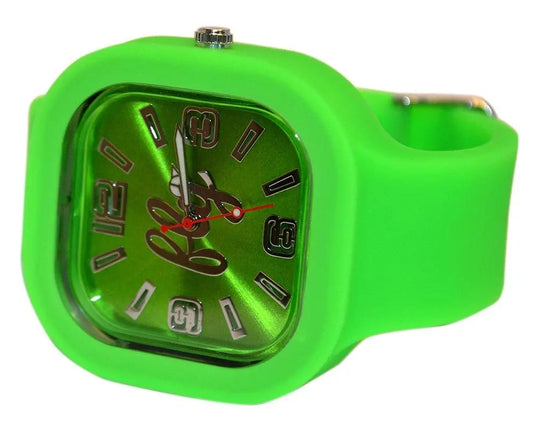 a green frisbee with a green clock on it 