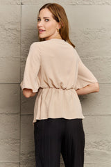 V-Neck Tie Front Half Sleeve Blouse - Flyclothing LLC