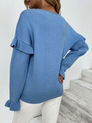 Ruffled V-Neck Dropped Shoulder Sweater - Flyclothing LLC