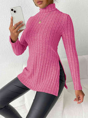 Ribbed Turtleneck Long Sleeve Slit T-Shirt - Flyclothing LLC