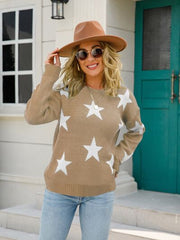 Star Round Neck Dropped Shoulder Sweater - Flyclothing LLC