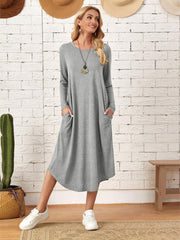 Pocketed Round Neck Long Sleeve Tee Dress - Flyclothing LLC