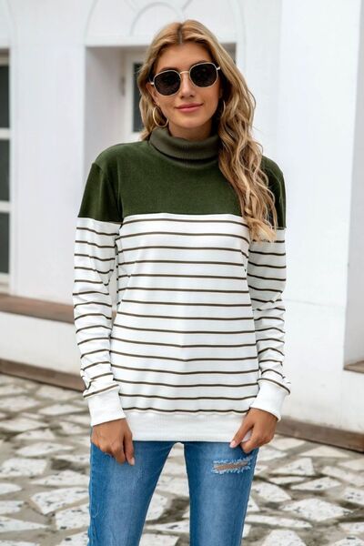 Striped Contrast Turtleneck Sweater - Flyclothing LLC