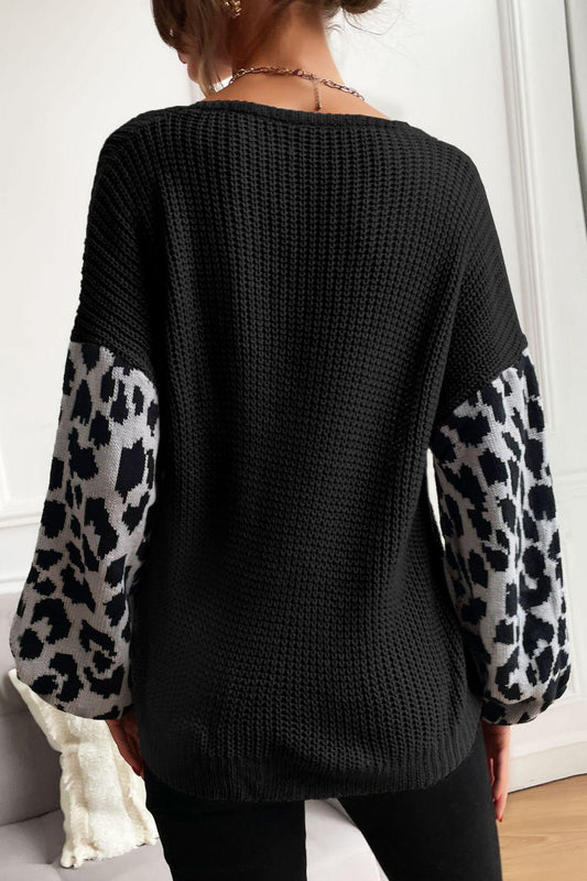 Leopard Sleeve Dropped Shoulder Sweater - Flyclothing LLC