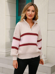 Striped Quarter-Zip Lantern Sleeve Sweater - Flyclothing LLC