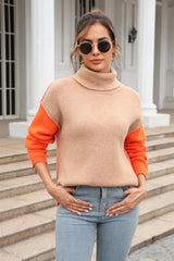 Color Block Turtleneck Slit Sweater - Trendsi