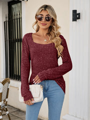 Square Neck Ribbed Long Sleeve T-Shirt - Flyclothing LLC